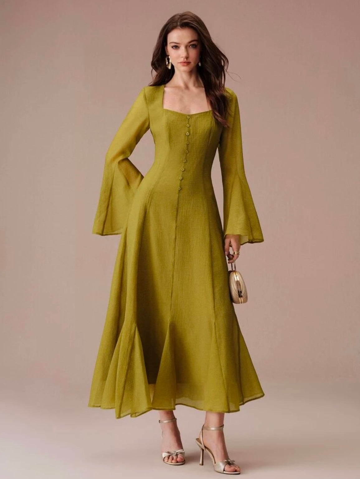 CM-DS291710 Women Elegant Seoul Style Pleated Waist-Cinching Front Button Flared A-Line Ruffle Hem Long Dress