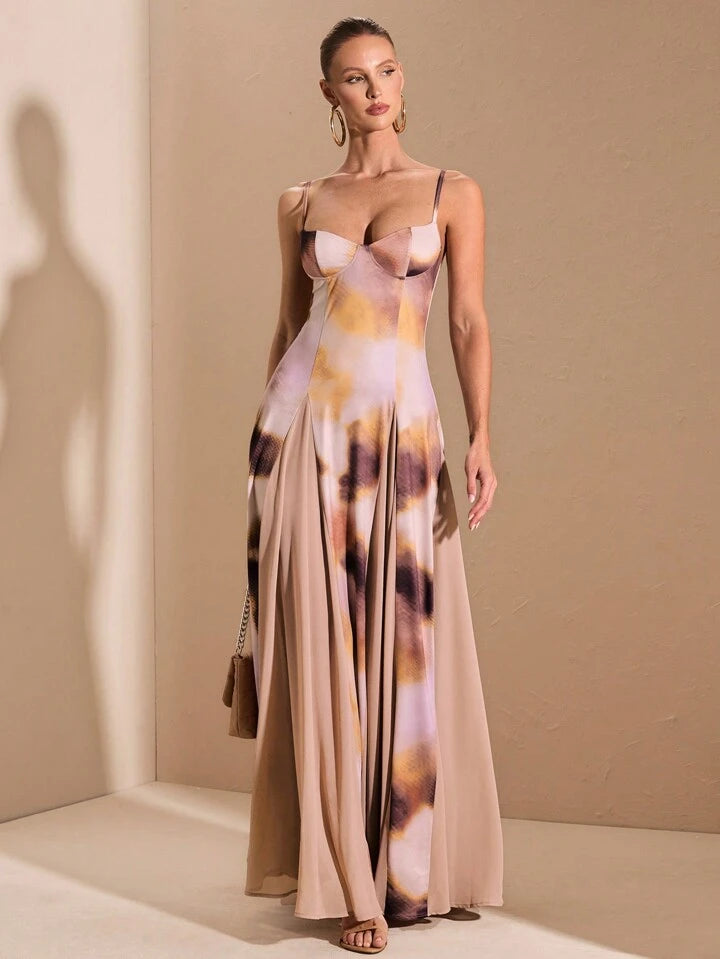 CM-DS498440 Women Elegant Seoul Style Multi-Color Ombre Print Patchwork Oversized Hem Long Dress