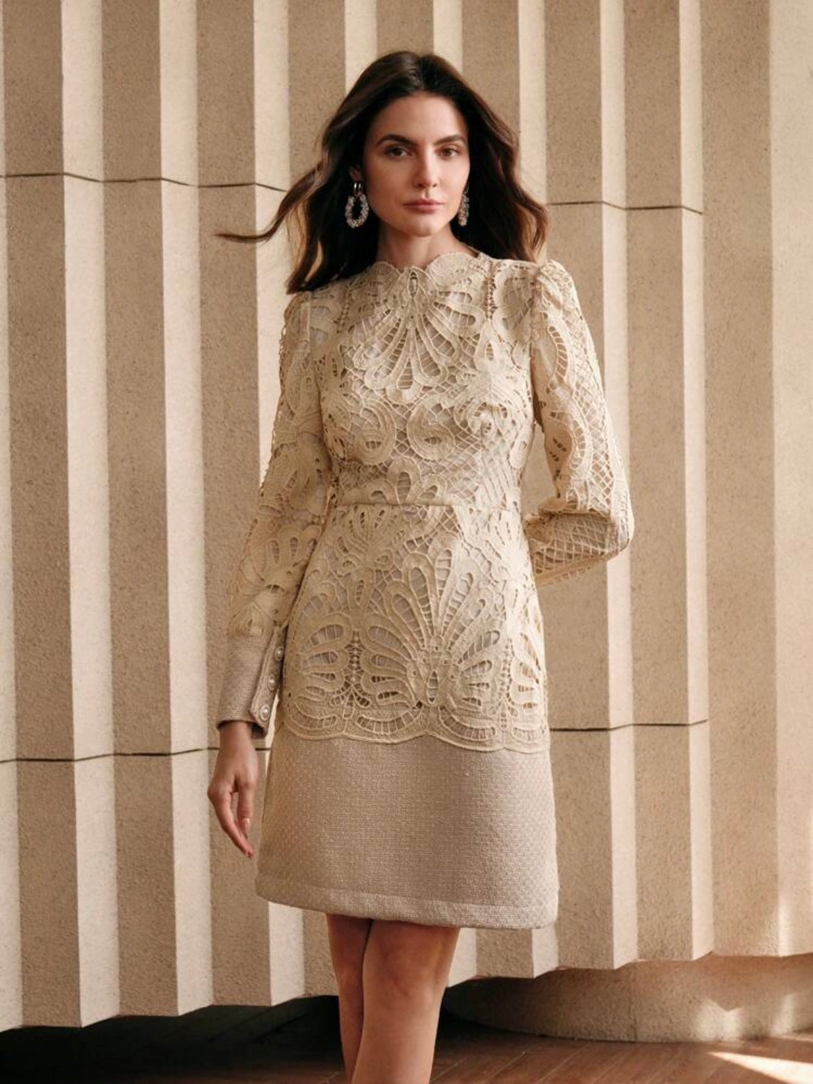 CM-DS588318 Women Elegant Seoul Style Stand Collar Long Sleeve Lace Patchwork Cheongsam Dress - Khaki