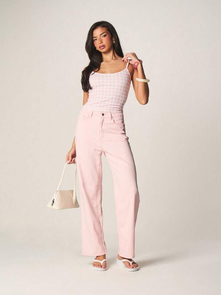 CM-BS845552 Women Casual Seoul Style Mid Rise Striped Pattern Wide Leg Denim Jeans - Pink