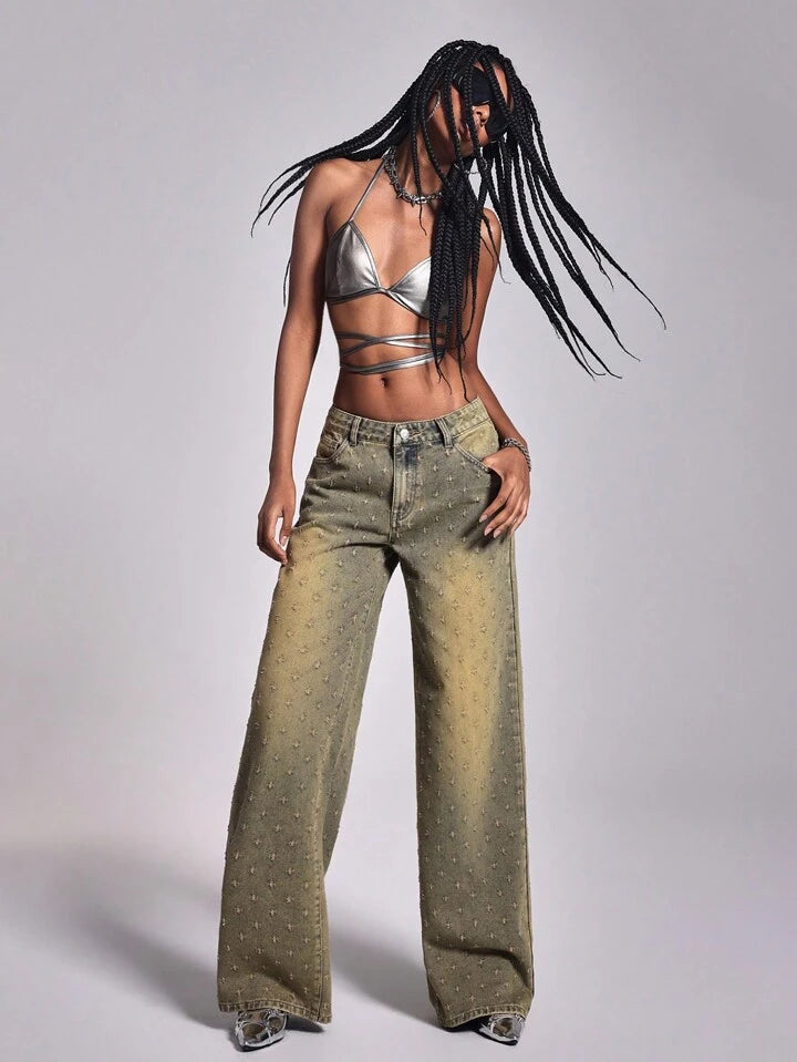 CM-BS020066 Women Casual Seoul Style Dark Wash Ultra Low Waist Straight-Leg Denim Jeans