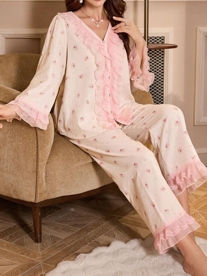 CM-LS414420 Women Trendy Seoul Style Contrast Color Lace Front Button Floral Pajama Set