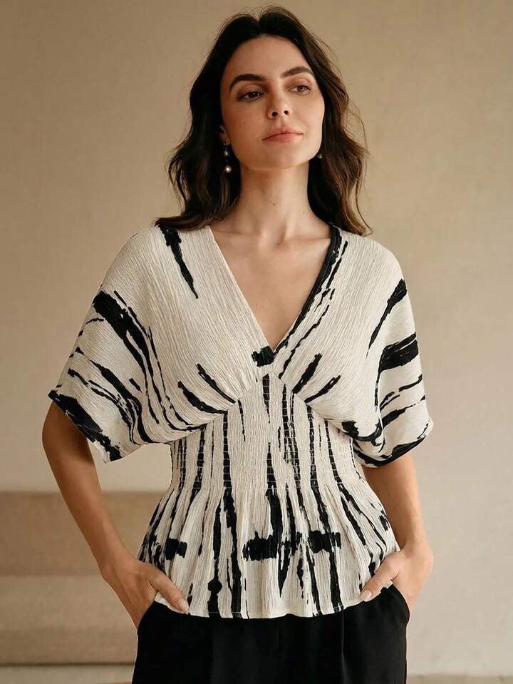 CM-TS534596 Women Elegant Seoul Style V-Neck Short Sleeve Ink Print Shirred Waist Blouse - Apricot