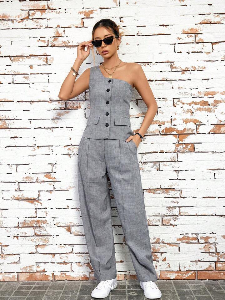 CM-SS447032 Women Elegant Seoul Style Monochrome Asymmetric Shoulder Top With Pocketed Trousers - Set