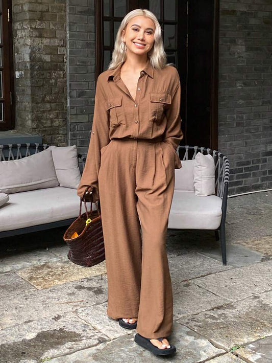 CM-JS950022 Women Trendy Bohemian Style Lapel Pocket Front Cropped Waist Loose Jumpsuit