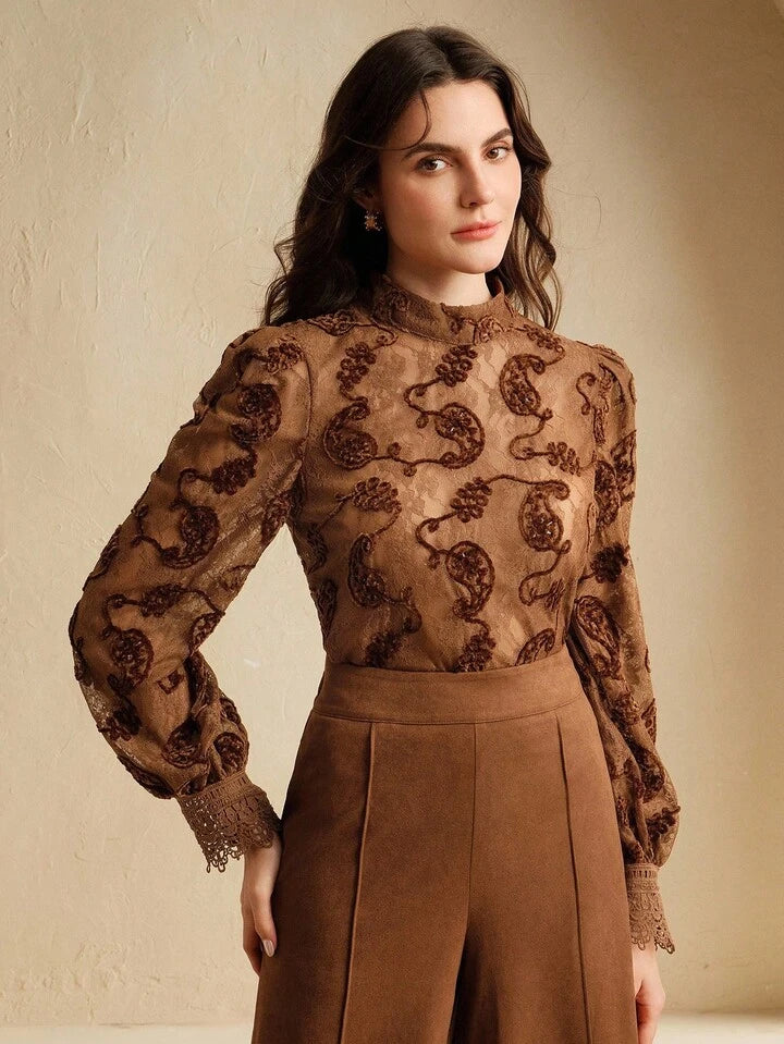 CM-TS672535 Women Elegant Seoul Style Pumpkin Printed Velvet Lace Round Neck Lantern Sleeve Blouse