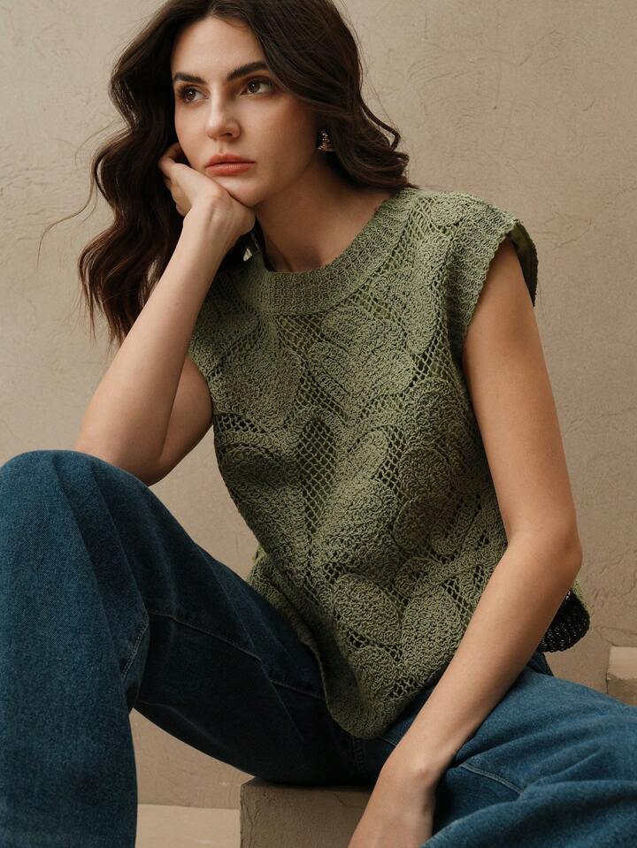 CM-TS420906 Women Casual Seoul Style Hollow Embroidered Round Neck Sleeveless Knit Top - Army Green