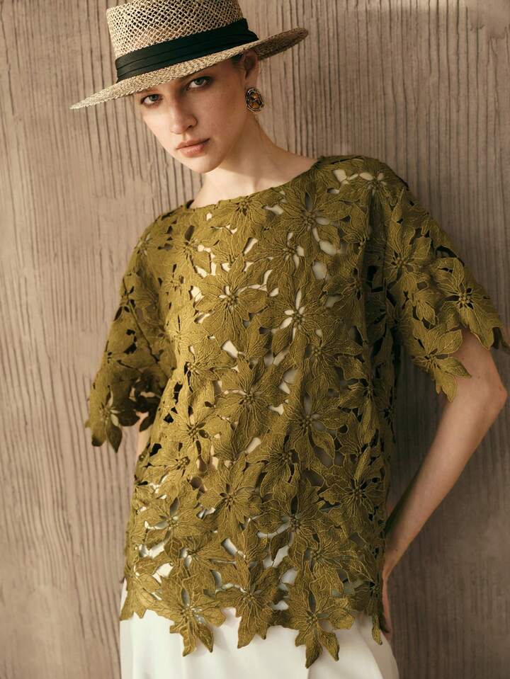 CM-TS431295 Women Trendy Bohemian Style Embroidered Round Neck Short Sleeve Top - Green