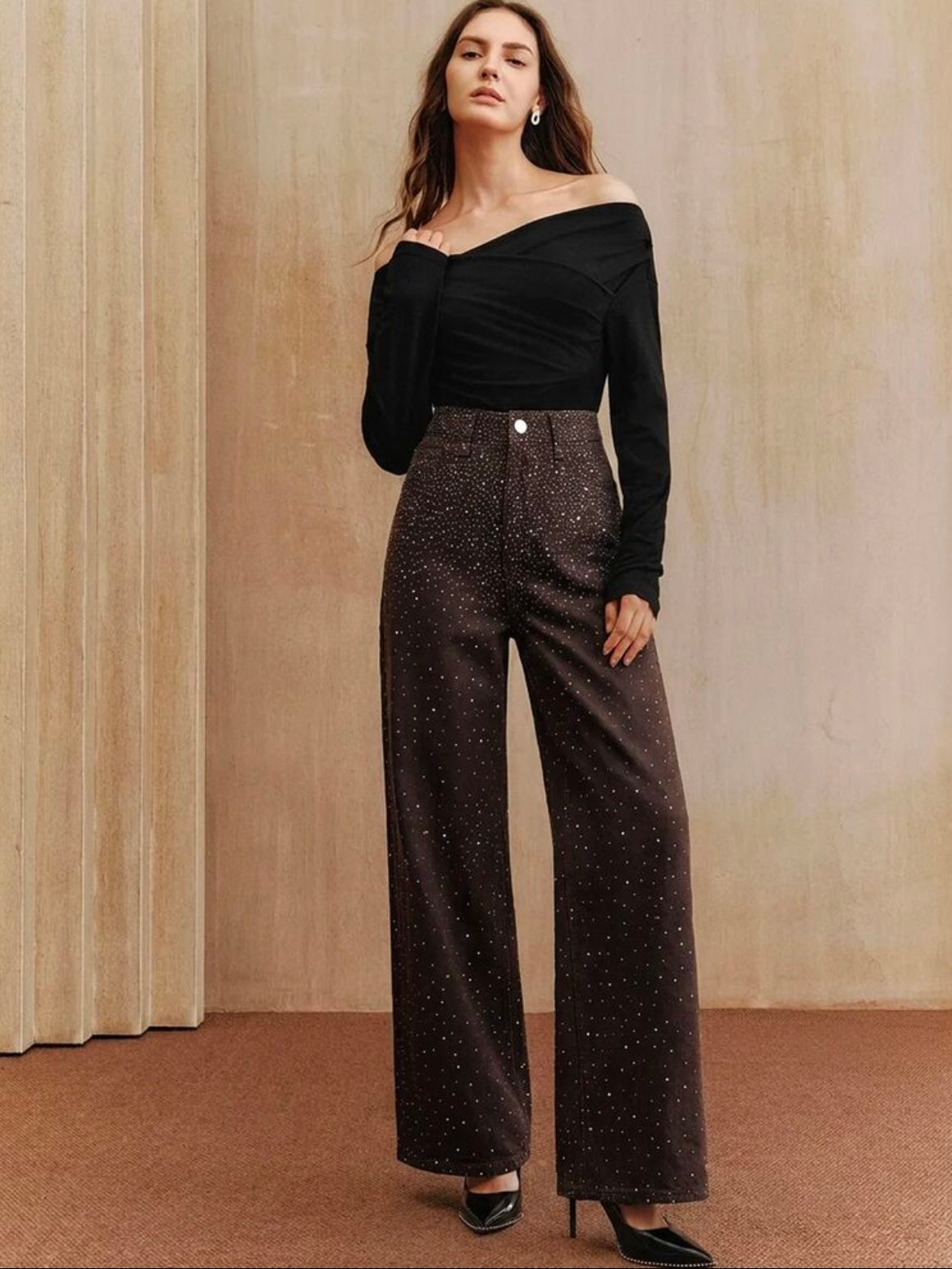 CM-BS908579 Women Elegant Seoul Style Mid Waist Baggy Flared Leg Pants - Brown
