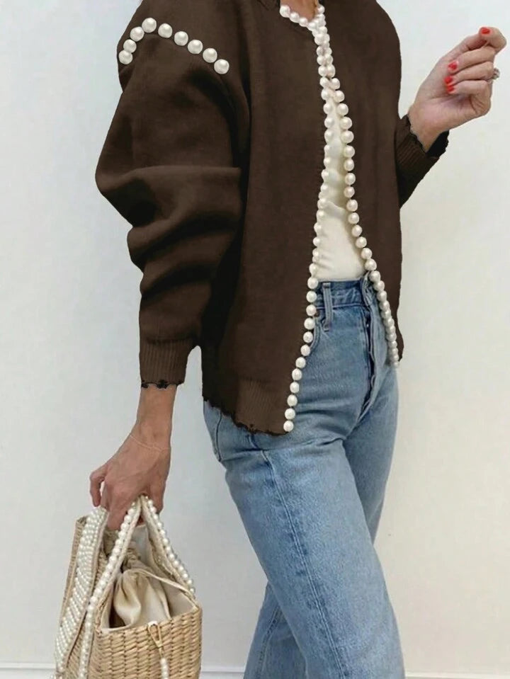 CM-CS666168 Women Casual Seoul Style Pearl Trim Distressed Hem Long Sleeve Knit Sweater - Brown