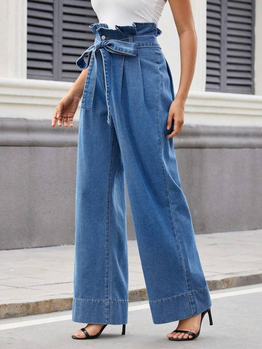 CM-BS450853 Women Casual Seoul Style High Waisted Wide Leg Loose Fit Denim Pants - Blue