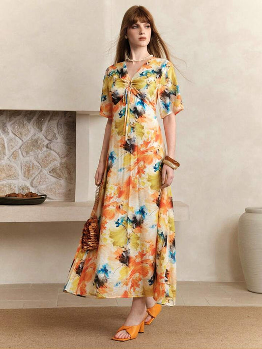 CM-DS272968 Women Casual Seoul Style Tie-Dye Deep V-Neck Flounce Sleeve Waist-Cinching Slim Dress - Yellow