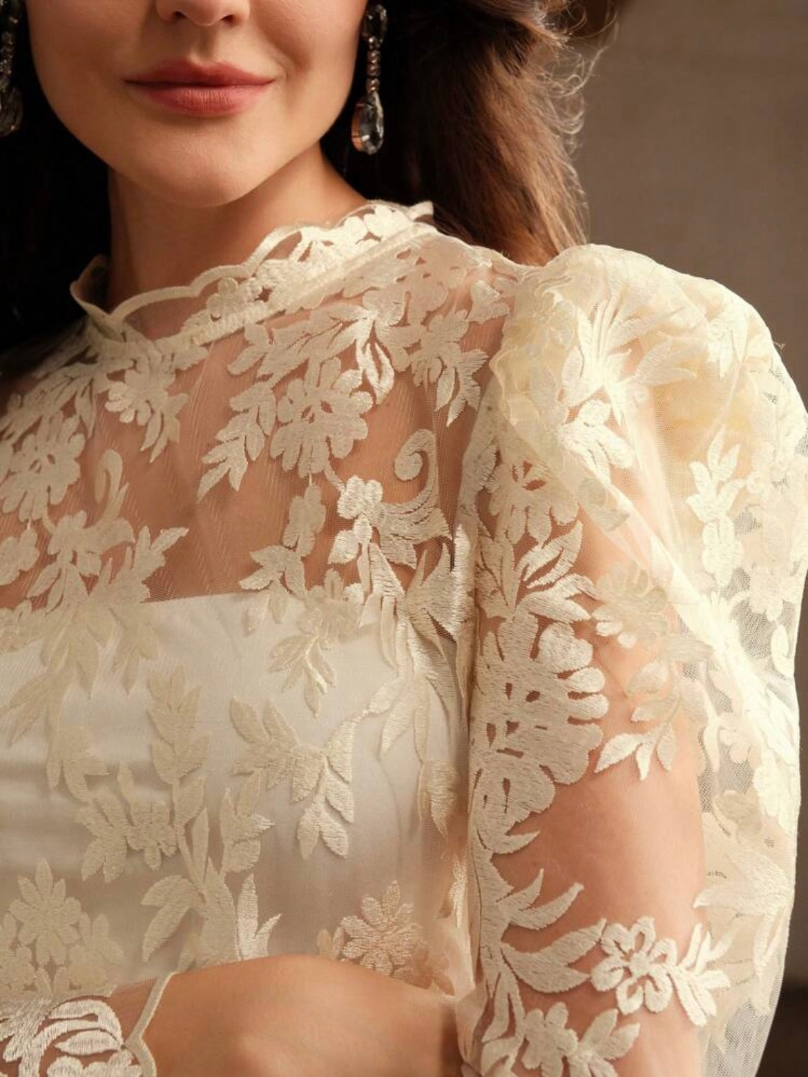 CM-TS497212 Women Elegant Seoul Style Stand Collar Puff Sleeve Embroidered Top - Apricot
