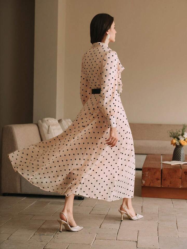 CM-DS288841 Women Elegant Seoul Style Long Sleeve Polka Dot Mock Neck A-Line Dress With Cinched Waist