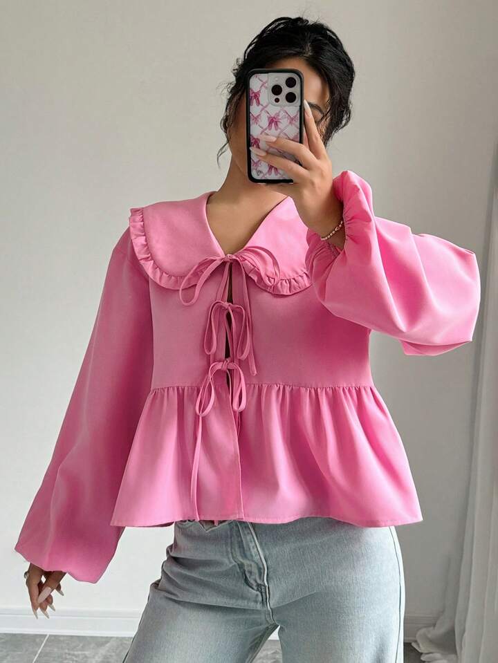 CM-TS126116 Women Trendy Bohemian Style Statement Collar Lantern Sleeve Knot Front Blouse