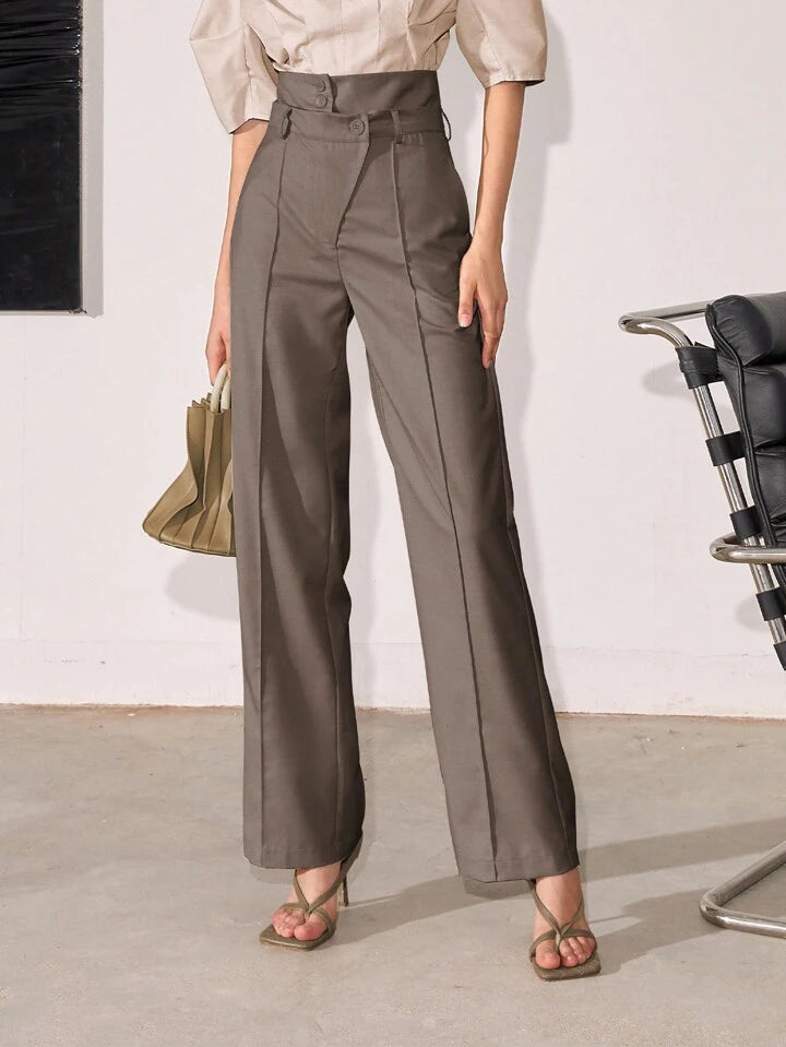 CM-BS912049 Women Elegant Seoul Style High Waist Seam Detail Suit Pants - Olive Green