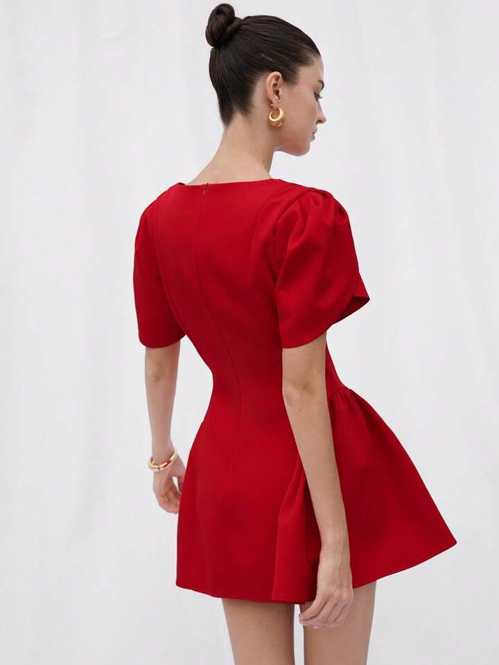 CM-DS891979 Women Elegant Seoul Style Tulip Print Puff Spliced Hem Round Neck Short Sleeve Dress - Red