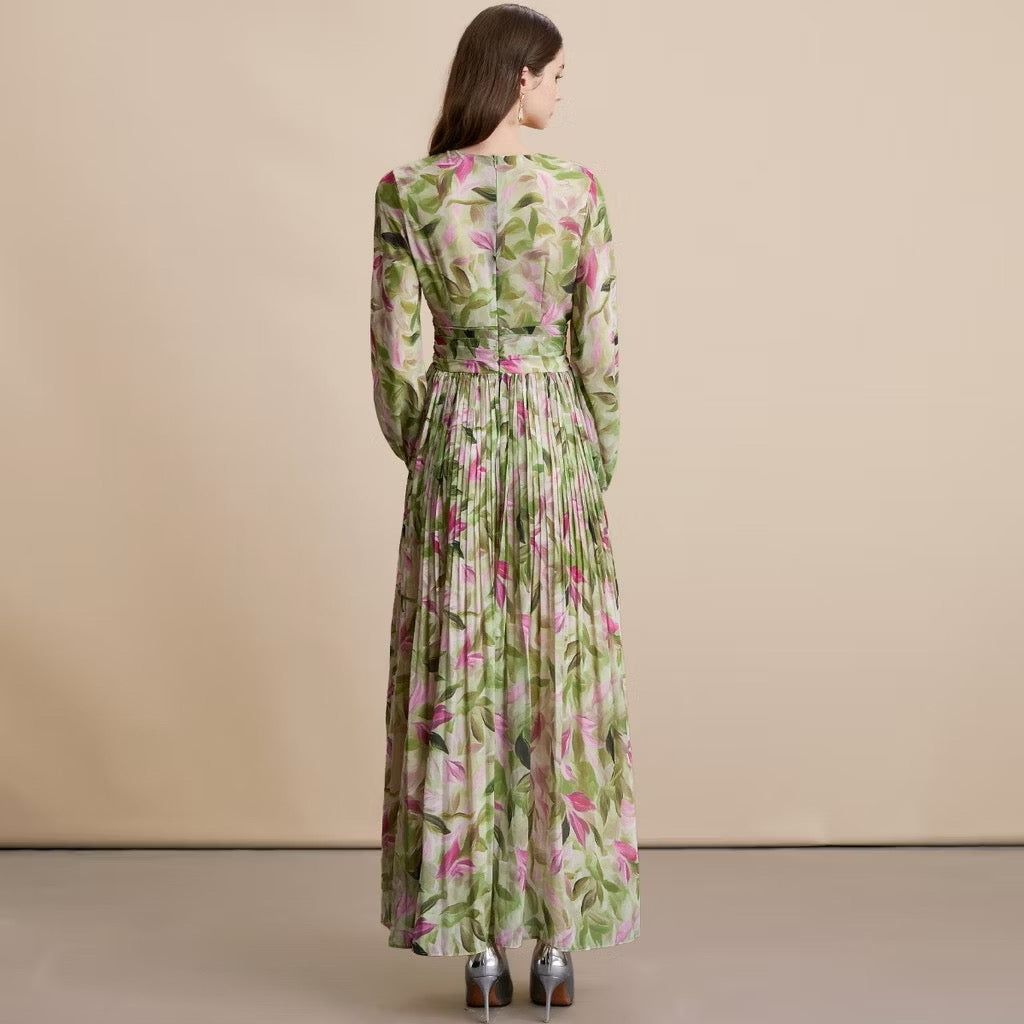 CM-DY054097 Women Elegant European Style Floral Print V-Neck Long Sleeve Pinched Waist Maxi Dress