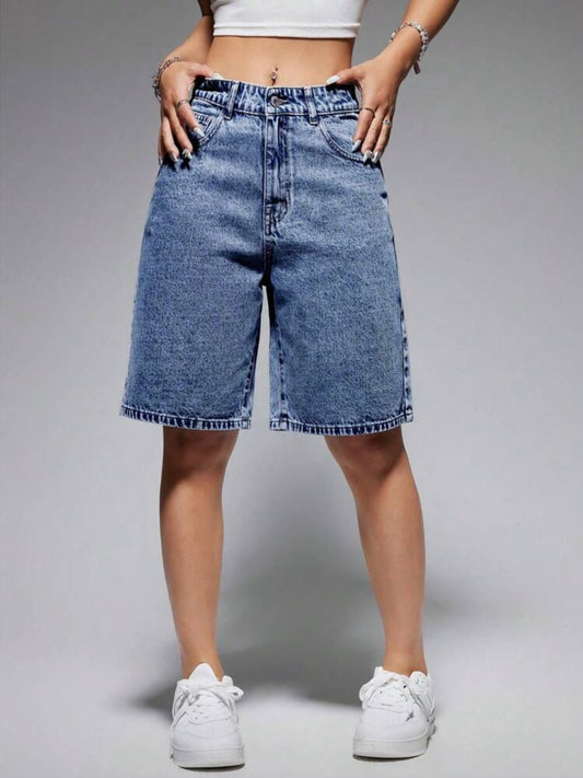 CM-BS948419 Women Casual Seoul Style Medium Wash High Waist Bermuda Denim Shorts