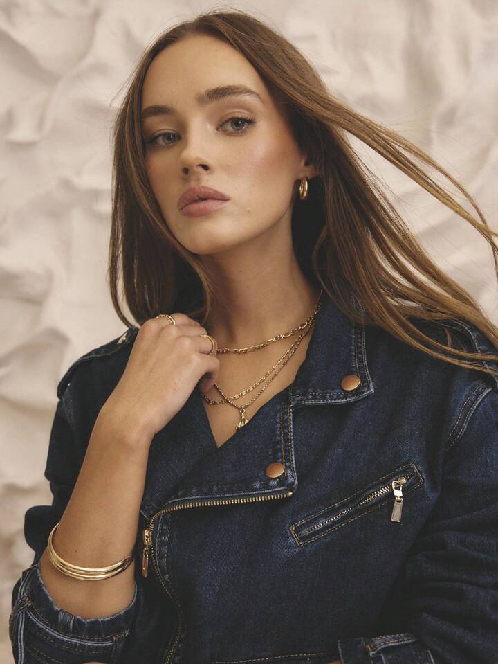 CM-CS992784 Women Casual Seoul Style Medium Wash Long Sleeve Cropped Denim Biker Jacket With Gold Trim Details