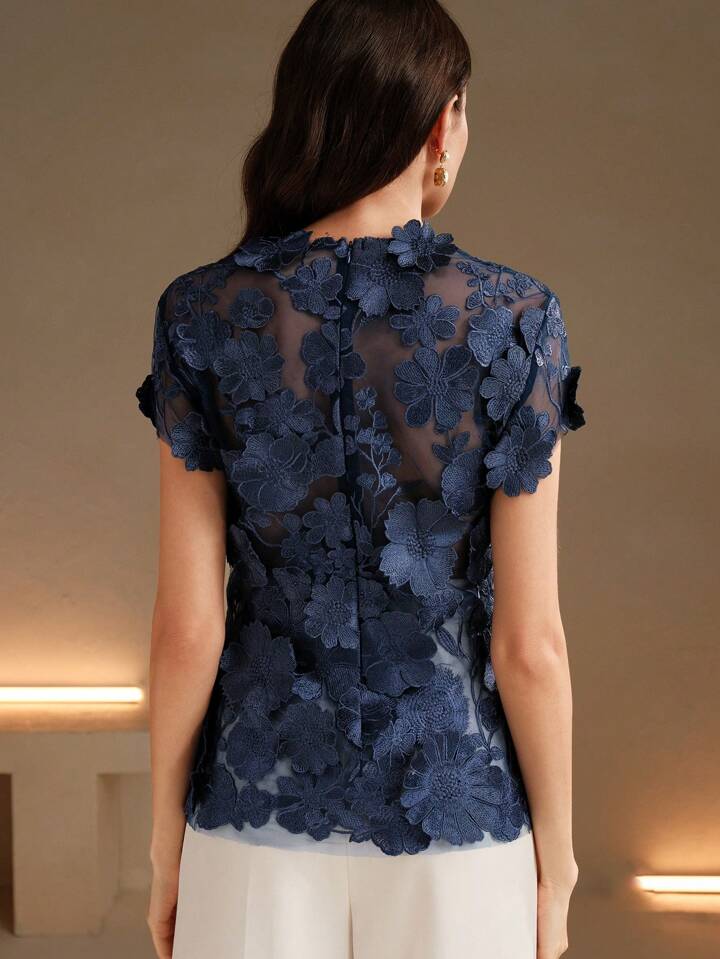CM-TS154467 Women Elegant Seoul Style Round Neck Flounce Sleeve Embroidery Floral Applique Blouse - Navy Blue