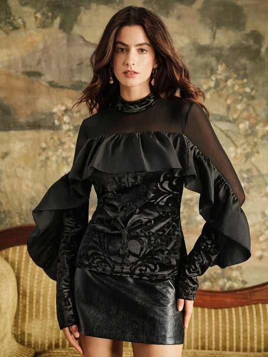 CM-TS838309 Women Elegant Seoul Style Round Neck Long Sleeve Ruffled Hem Layering Top - Black