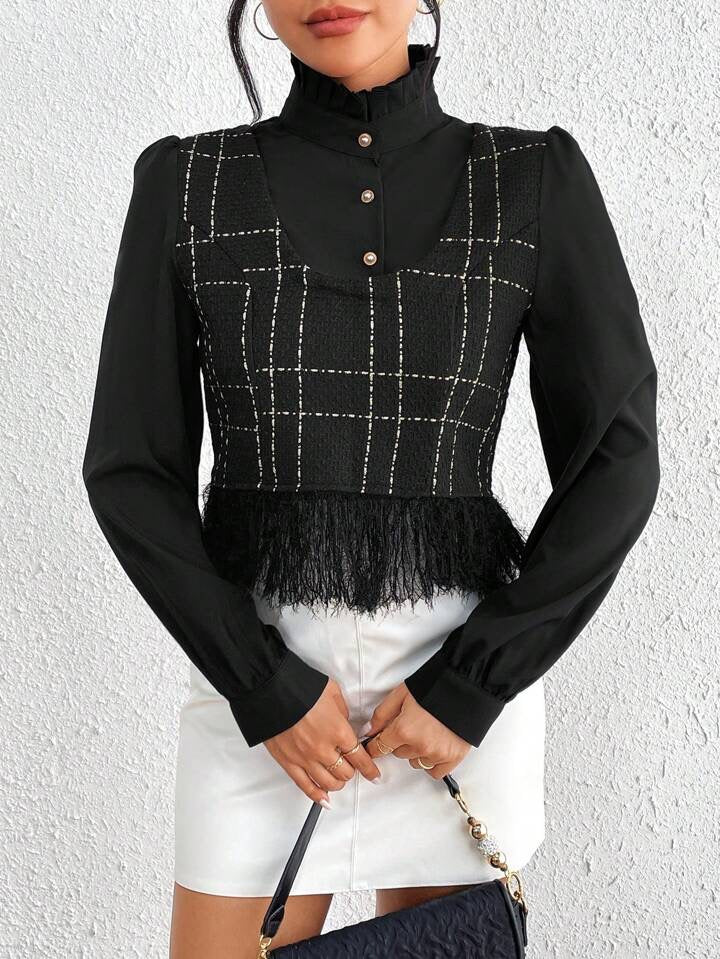 CM-TS967572 Women Elegant Seoul Style Plaid Pattern Fringe Hem Button 2 In 1 Blouse - Black