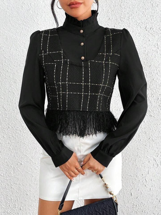 CM-TS967572 Women Elegant Seoul Style Plaid Pattern Fringe Hem Button 2 In 1 Blouse - Black