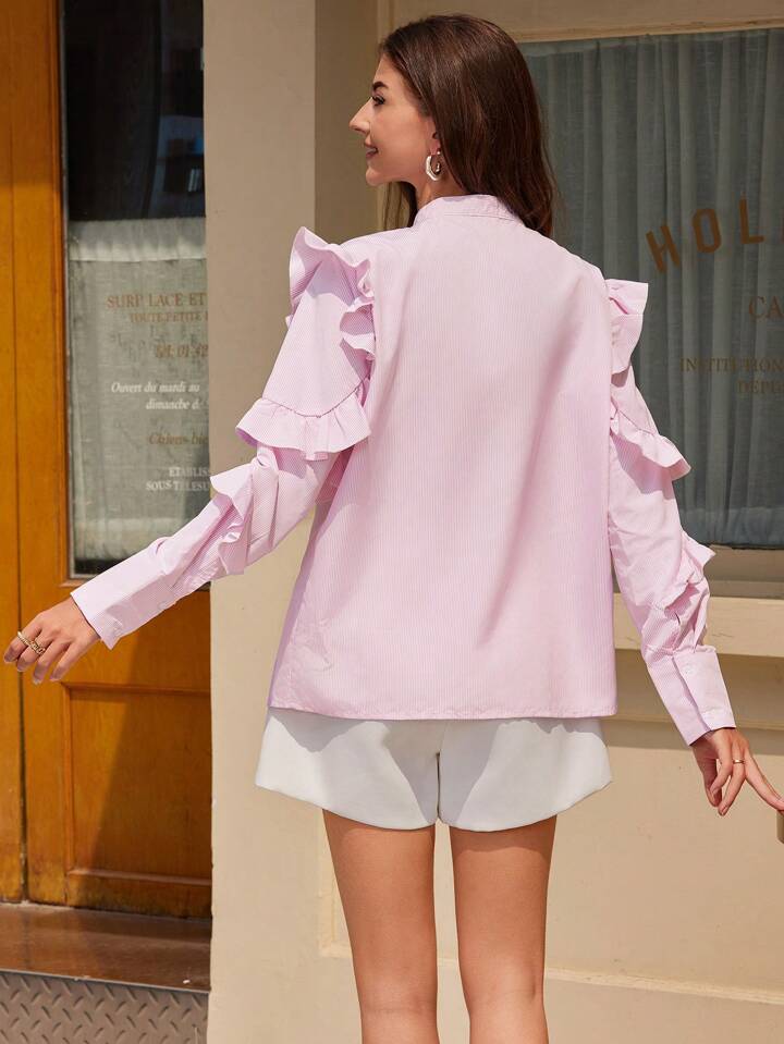 CM-TS685161 Women Elegant Seoul Style Collar Neckline Printed Long Sleeve Shirt - Light Pink