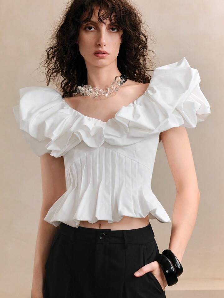CM-TS573713 Women Elegant Seoul Style Wide V-Neck Puff Neck Pleated Cinched Waist Asymmetrical Blouse - White