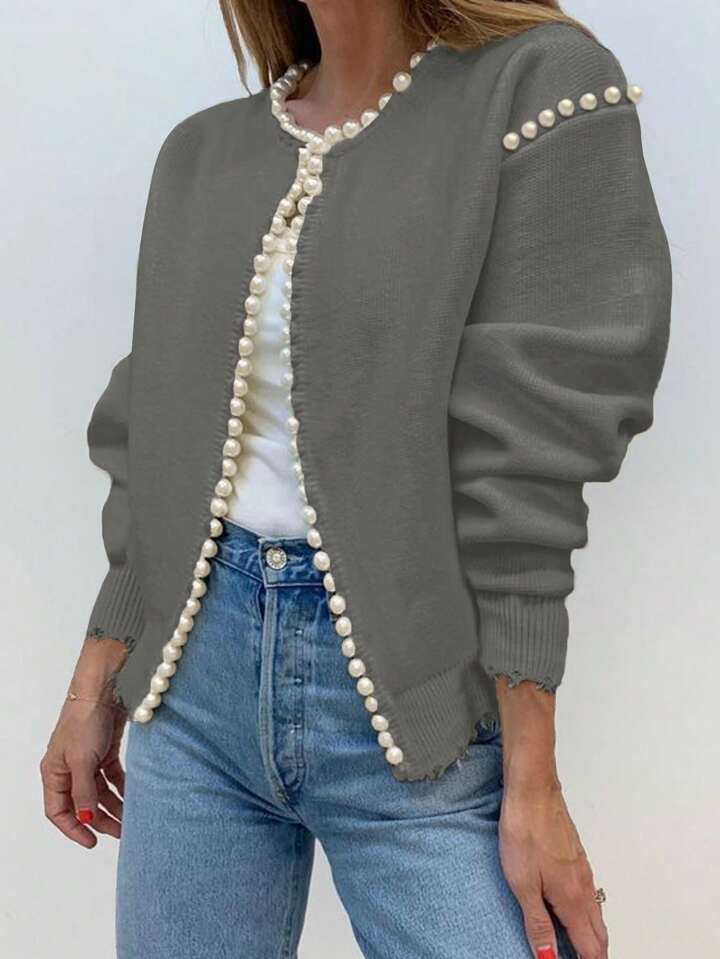 CM-CS659991 Women Casual Seoul Style Pearl Trim Distressed Hem Long Sleeve Knit Sweater - Gray