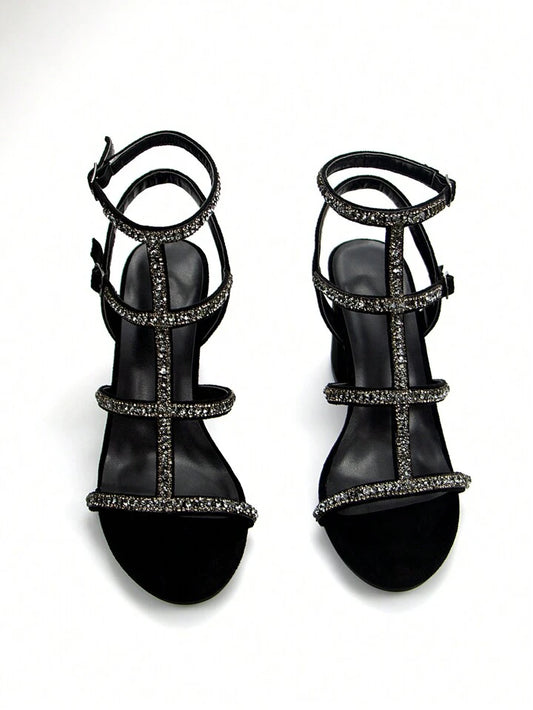 CM-SHS745595 Women Trendy Seoul Style Rhinestone Thin Strap Velvet Round Toe Chunky Heels Sandals - Black