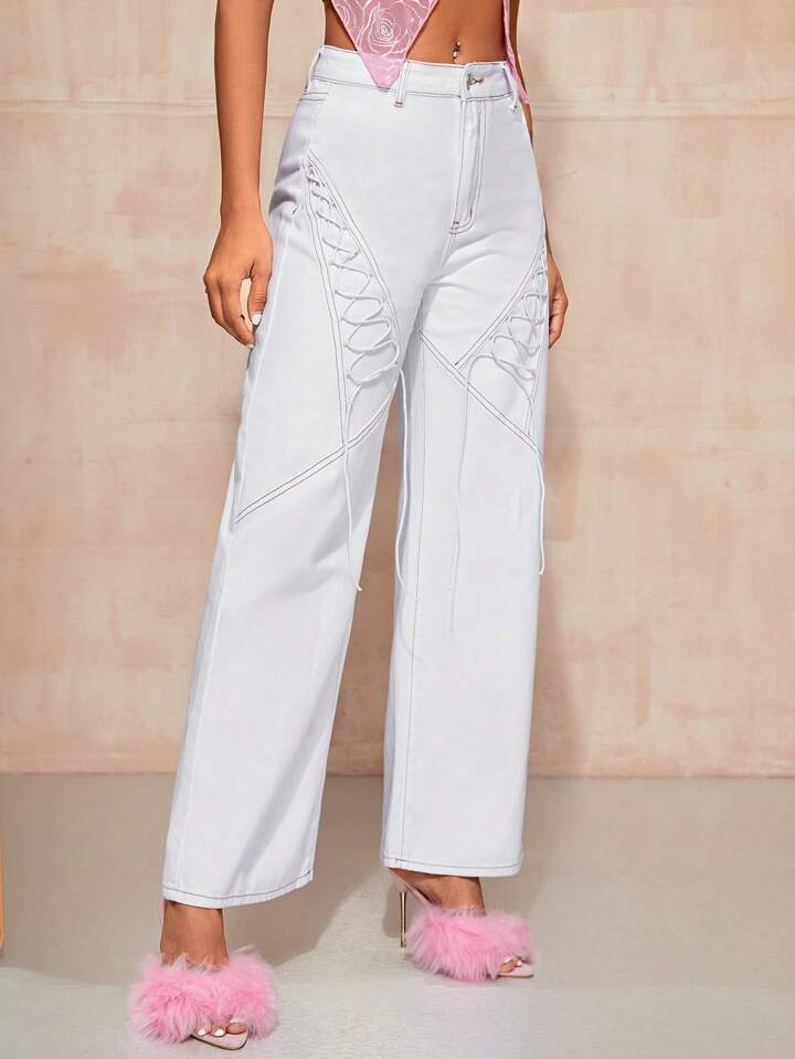 CM-BS494099 Women Casual Seoul Style Lace Up Front Loose Wide Leg Jeans - White