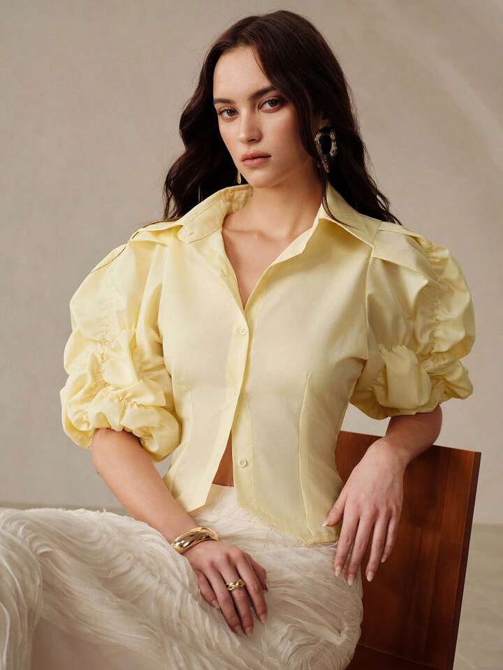 CM-TS143944 Women Elegant Seoul Style Lapel Collar Puff Sleeve Shirred Waist Cinched Short Asymmetrical Hem Blouse