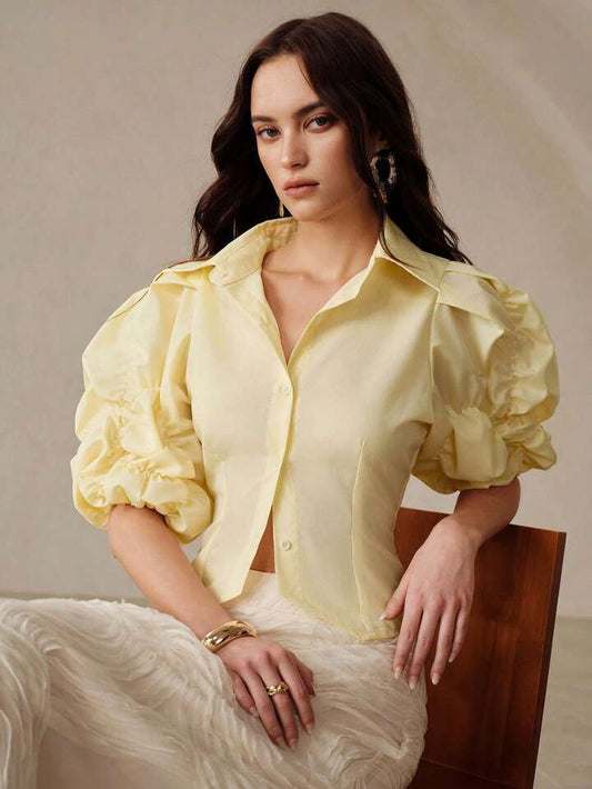 CM-TS143944 Women Elegant Seoul Style Lapel Collar Puff Sleeve Shirred Waist Cinched Short Asymmetrical Hem Blouse