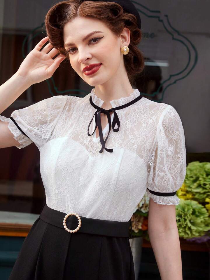 CM-JS118932 Women Elegant Seoul Style Bow Tie Lace Patchwork Stand Collar Ruffle Trim Jumpsuit