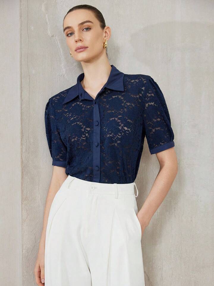 CM-TS471015 Women Elegant Seoul Style Shirt Collar Neckline Short Sleeve Lace Blouse - Navy Blue