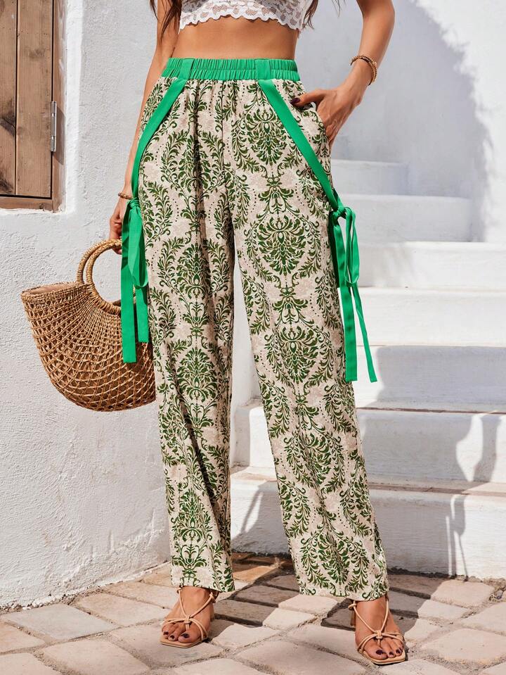 CM-BS208775 Women Trendy Bohemian Style Printed Colorblock Waist Belted Long Pants