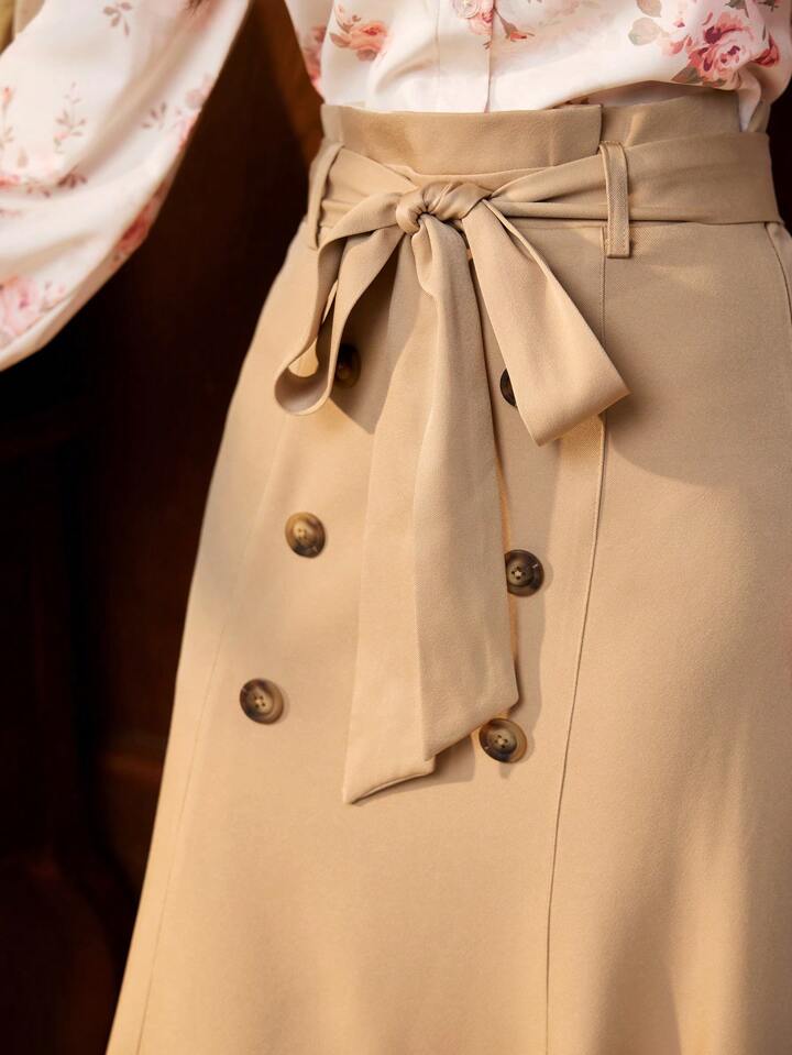 CM-BS221728 Women Casual Seoul Style Double-Breasted Bow Waist Belt Mermaid Skirt - Khaki