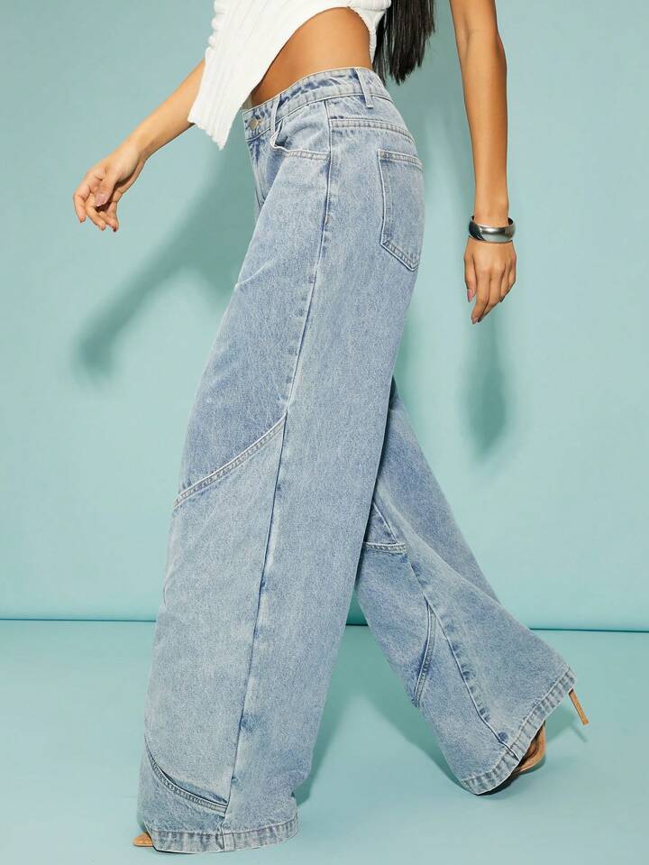 CM-BS342374 Women Casual Seoul Style Medium Wash Front Button Pocket Wide Leg Jeans