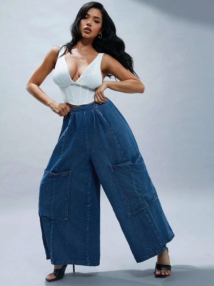 CM-BS112775 Women Casual Seoul Style Dark Wash Oversized Pockets Ultra Wide Leg Jeans