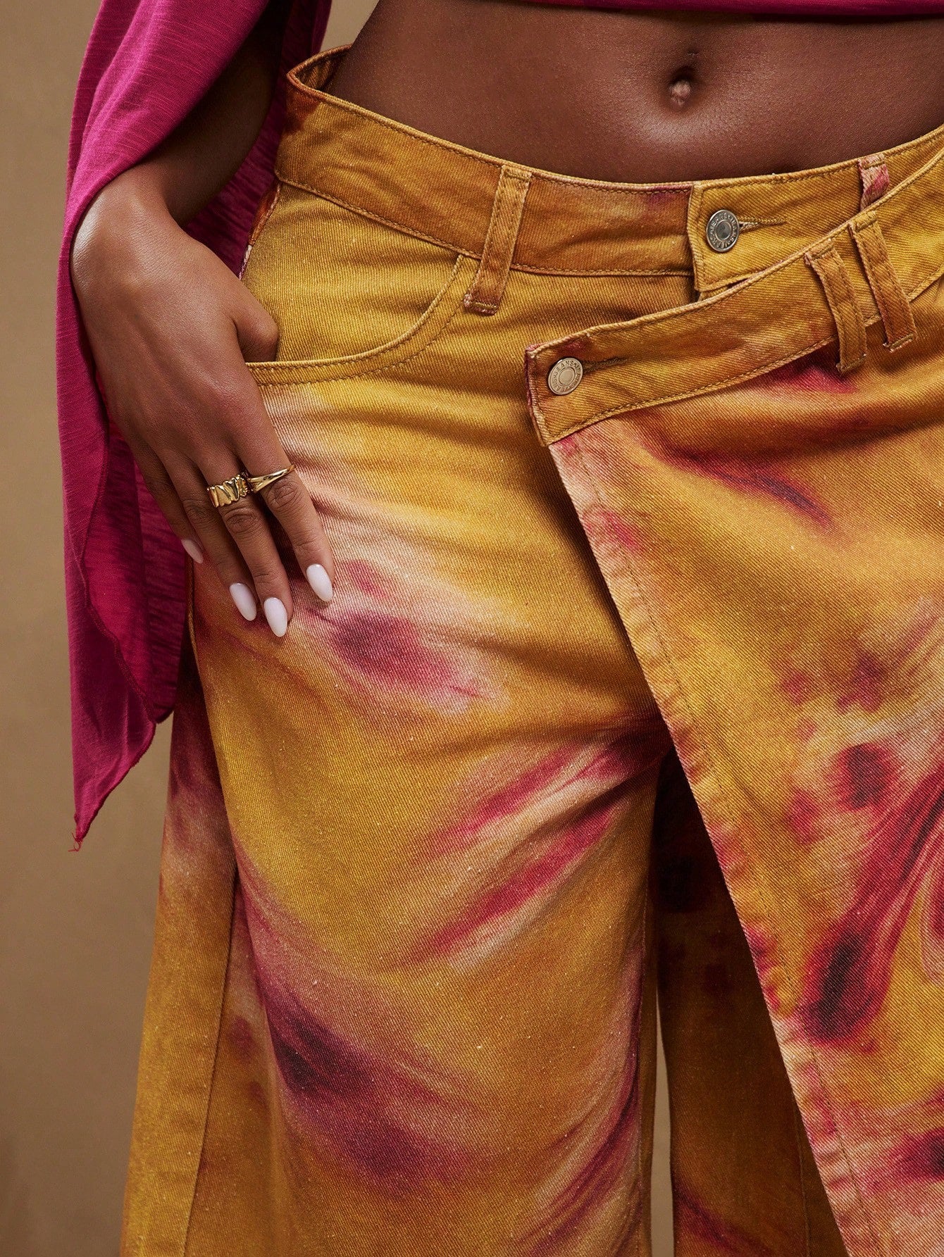 CM-BS733636 Women Casual Seoul Style Mid Waist Crossover Tie Dye Skirt Loose Baggy Denim Short