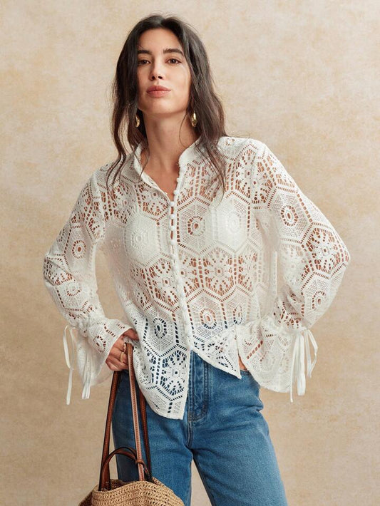 CM-TS656857 Women Trendy Bohemian Style V-Neck Hollow Lace Ruffle Trim Long Sleeve Blouse - White