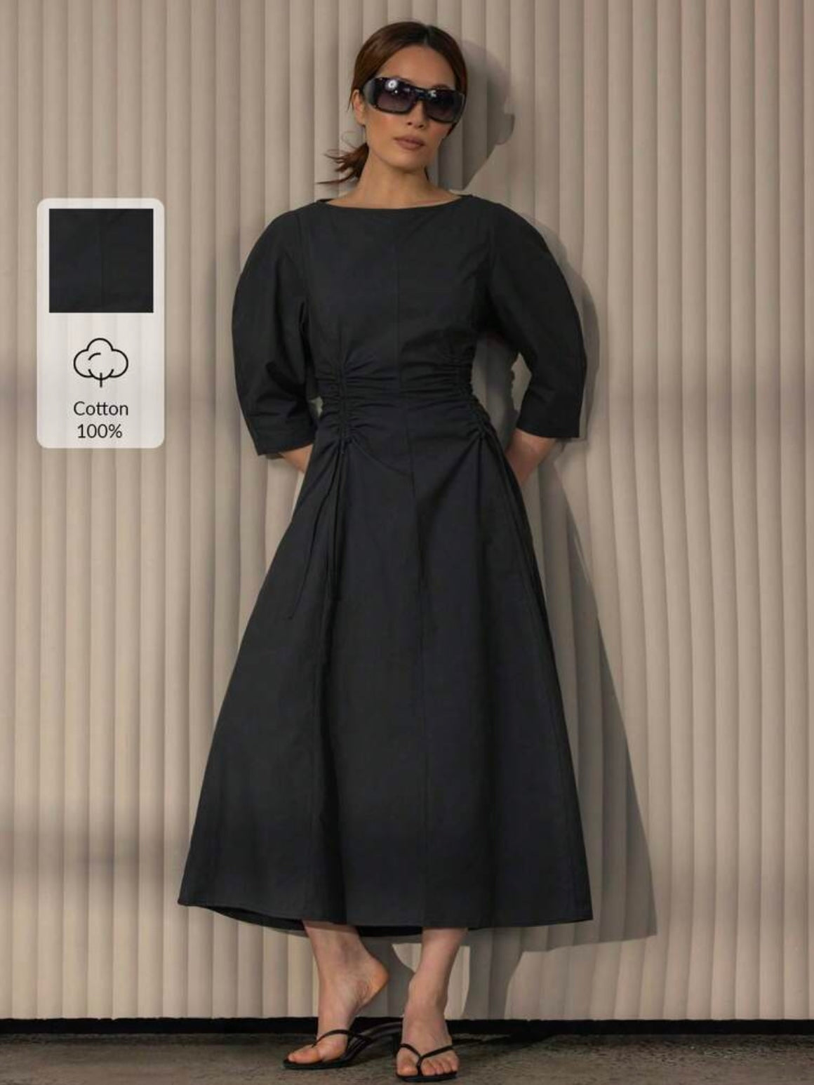CM-DS168360 Women Elegant Seoul Style Crew Neck 3/4 Puff Sleeve Cinch-Waist A-Line Midi Dress