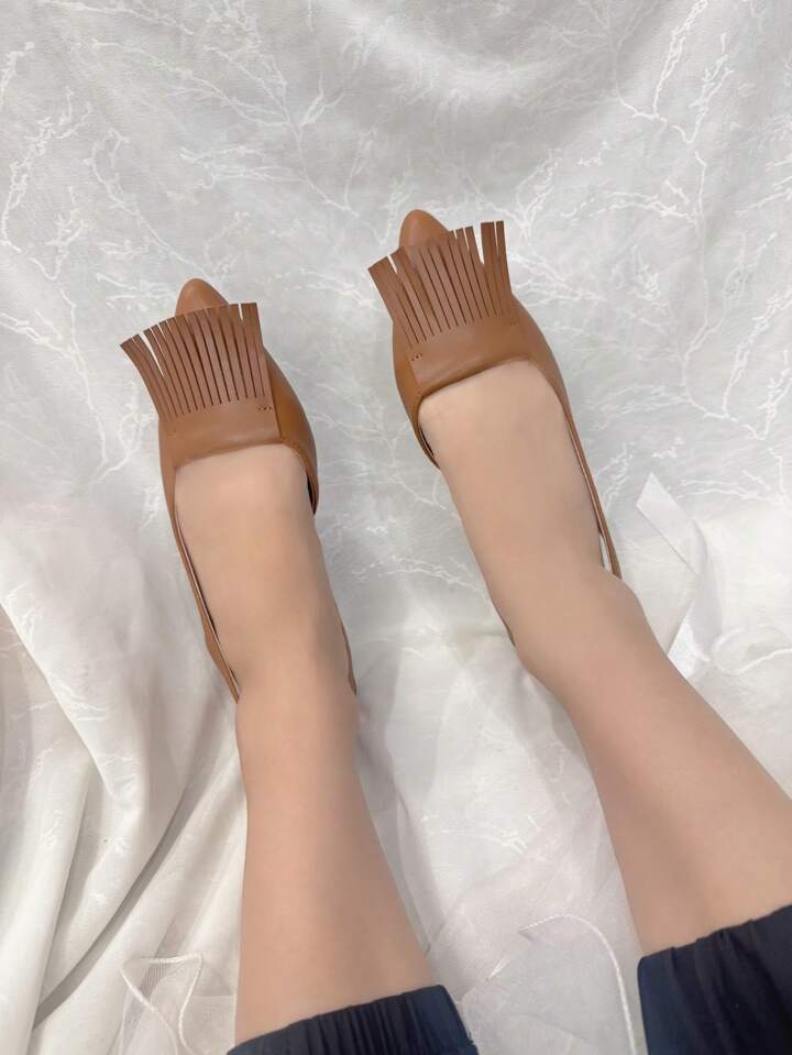 CM-SHS473730 Women Trendy Seoul Style Tassel Design Ankle Strap Flat Shoes - Rust Brown