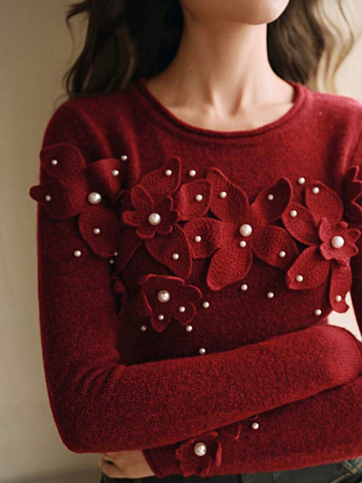 CM-CS786989 Women Casual Seoul Style Crochet Beaded Crew Neck Layer T-Shirt - Red