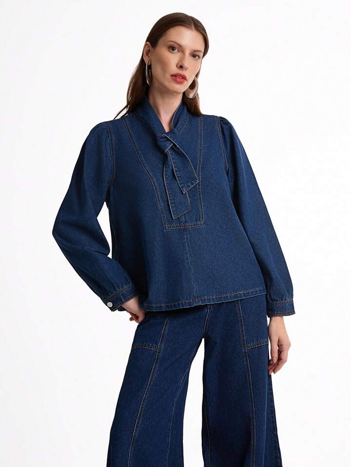CM-TS357325 Women Casual Seoul Style Medium Wash Tie Front Long Sleeve Loose Denim Shirt Blouse