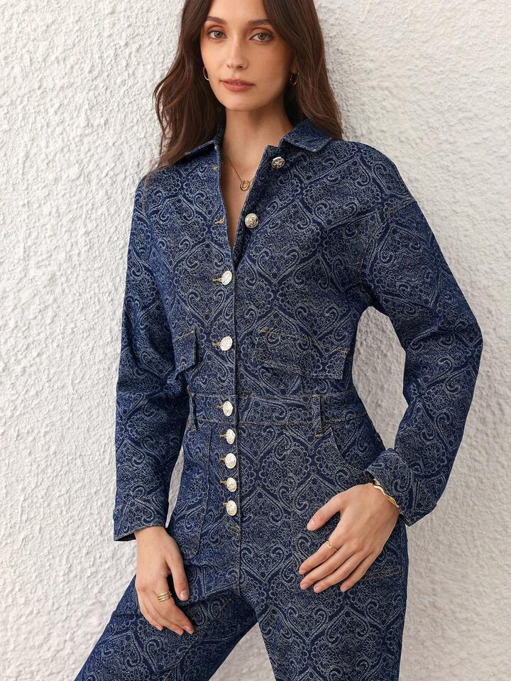 CM-JS528662 Women Elegant Seoul Style Dark Wash Collar Neckline All-Over Print Front Button Long Sleeve Denim Jumpsuit