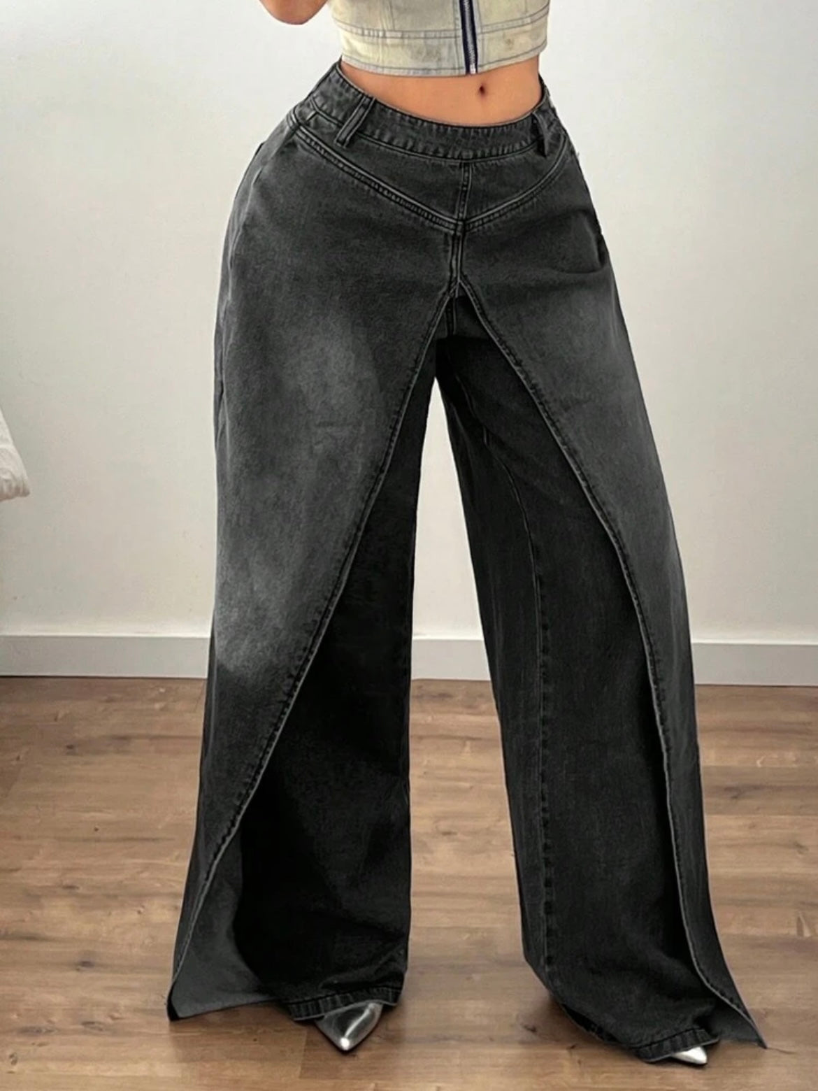 CM-BS673717 Women Casual Seoul Style Vintage Wash Drop-Waist Wide Leg Denim Jeans - Black