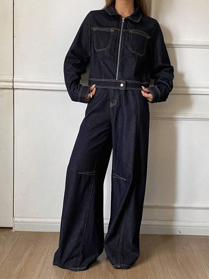 CM-SS534015 Women Elegant Seoul Style Collared Long Sleeve Jacket With Loose Fit Jeans - Set